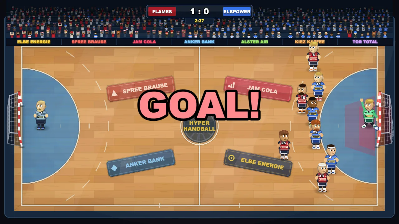 Ein Treffer: das Tor blinkt rot, „GOAL!“ steht über dem Feld.